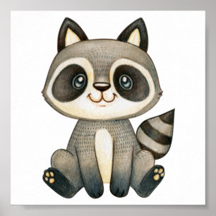 Watercolor Cute Raccoon Poster