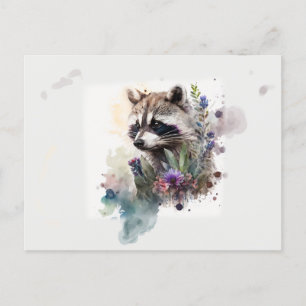 Watercolor Cute Raccoon Spring Flowers         Postcard
