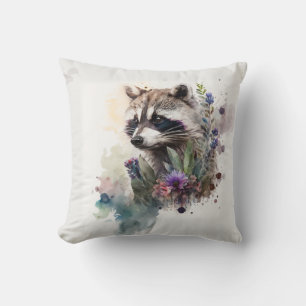 Watercolor Cute Racoon Spring Flowers Cushion