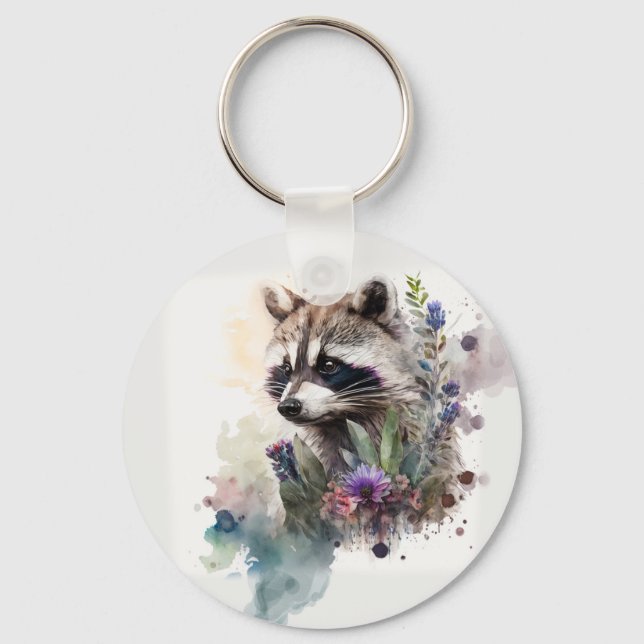 Watercolor Cute Racoon Spring Flowers         Key Ring (Front)