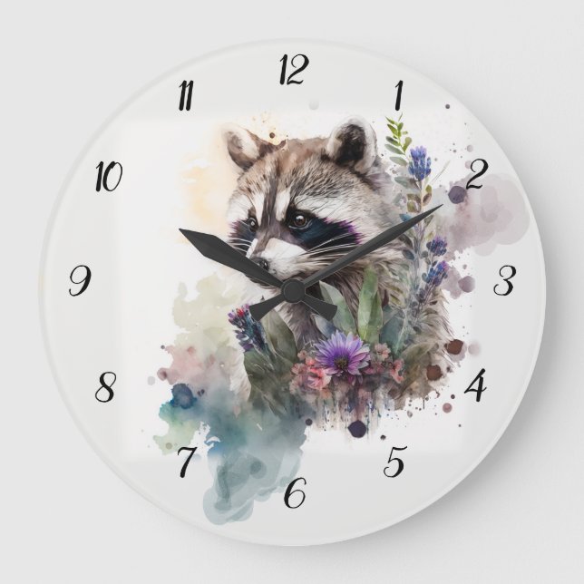 Watercolor Cute Racoon Spring Flowers       Large Clock (Front)