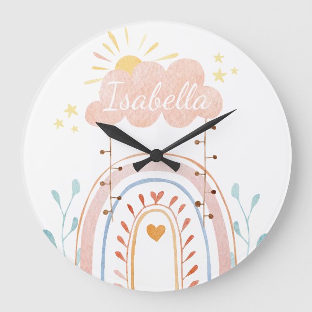 Watercolor Cute Rainbow Kids Baby Nursery Large Clock (Front)