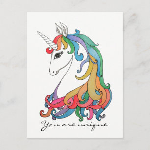 Watercolor cute rainbow unicorn postcard