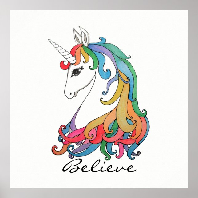 Watercolor cute rainbow unicorn poster (Front)