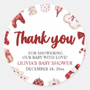 Watercolor Cute Red Christmas Winter Baby Shower Classic Round Sticker