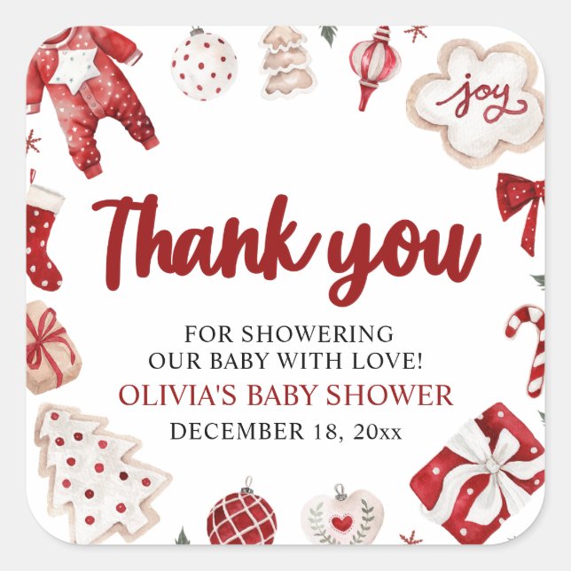 Watercolor Cute Red Christmas Winter Baby Shower Square Sticker (Front)