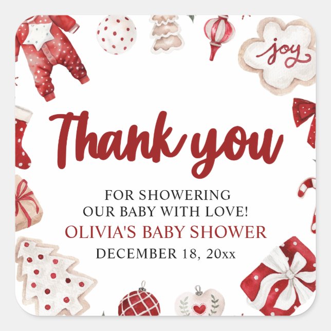 Watercolor Cute Red Christmas Winter Baby Shower Square Sticker (Front)
