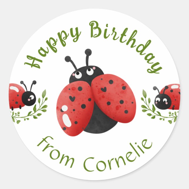Watercolor Cute Red Ladybug Happy Birthday Classic Round Sticker (Front)