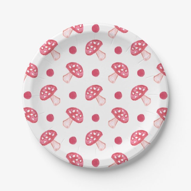 watercolor cute red mushrooms and polka dots paper plate (Front)