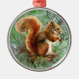 Watercolor Cute Red Squirrel Animal Nature Art Metal Tree Decoration