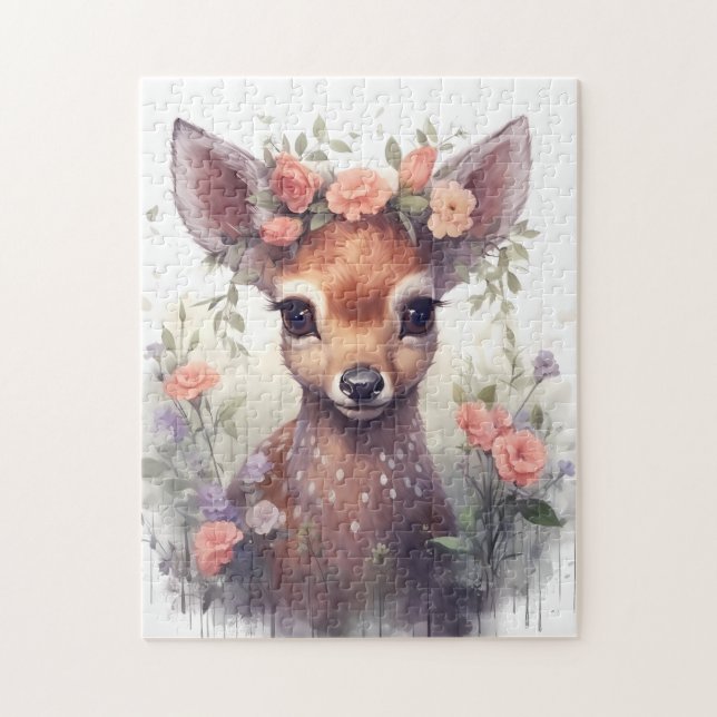 Watercolor Cute  Reindeer floral Puzzle  Woodland  (Vertical)