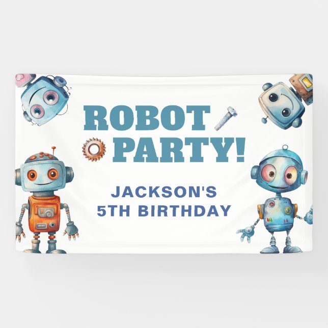 Watercolor Cute Robot Birthday Banner (Horizontal)