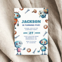 Watercolor Cute Robot Kids Birthday Invitation