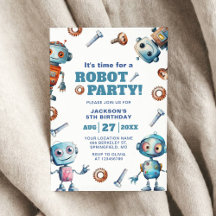 Watercolor Cute Robot Kids Birthday