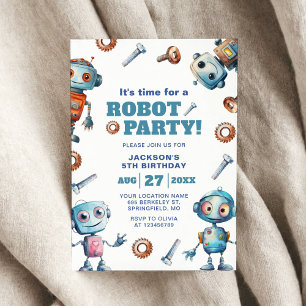 Watercolor Cute Robot Kids Birthday Invitation