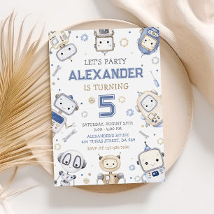 Watercolor Cute Robot Kids Birthday Party Invitation
