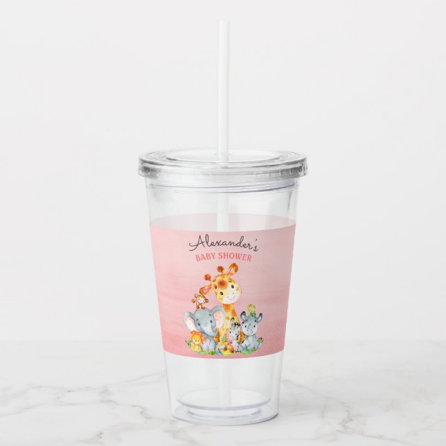 Watercolor Cute Safari Jungle Animals Baby Shower Acrylic Tumbler (Front)