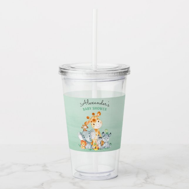 Watercolor Cute Safari Jungle Animals Baby Shower Acrylic Tumbler (Front)