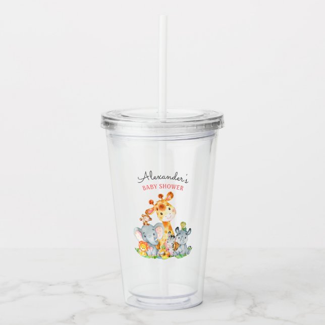 Watercolor Cute Safari Jungle Animals Baby Shower Acrylic Tumbler (Front)