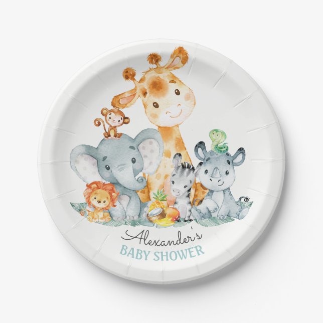 Watercolor Cute Safari Jungle Animals Baby Shower Paper Plate (Front)