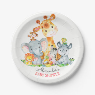 Watercolor Cute Safari Jungle Animals Baby Shower Paper Plate