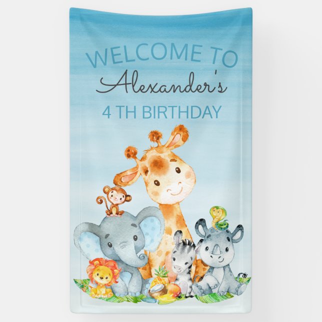 Watercolor Cute Safari Jungle Animals Birthday Banner (Vertical)