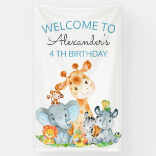 Watercolor Cute Safari Jungle Animals Birthday Banner