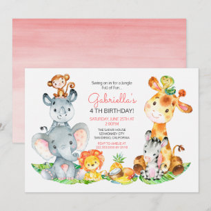 Watercolor Cute Safari Jungle Animals Birthday Invitation
