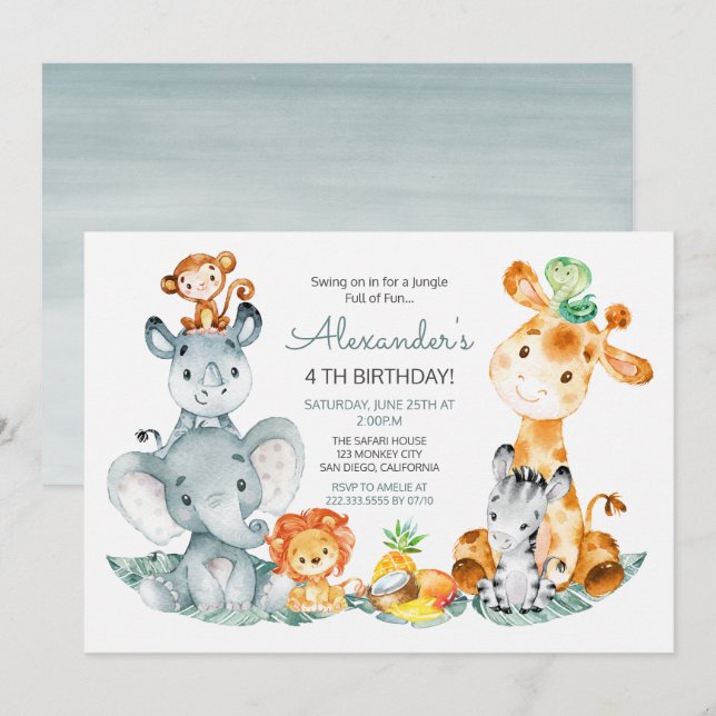 Watercolor Cute Safari Jungle Animals Birthday Invitation (Front/Back)