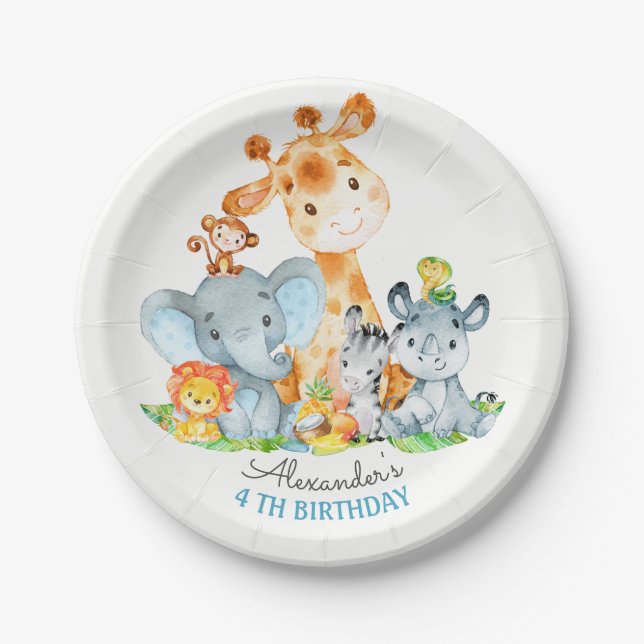 Watercolor Cute Safari Jungle Animals Birthday Paper Plate (Front)