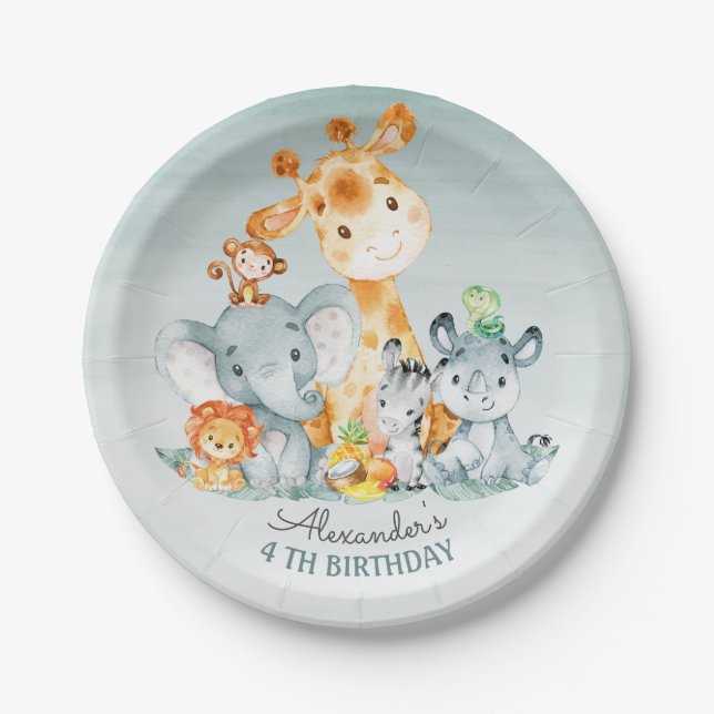 Watercolor Cute Safari Jungle Animals Birthday Paper Plate (Front)