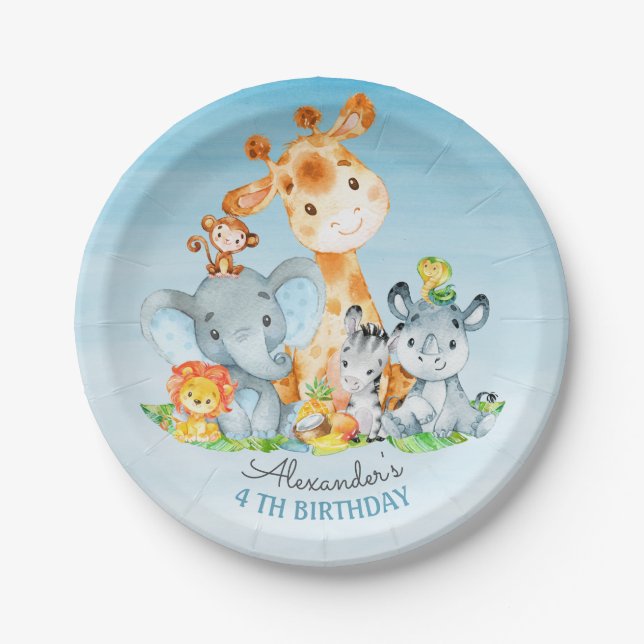 Watercolor Cute Safari Jungle Animals Birthday Paper Plate (Front)
