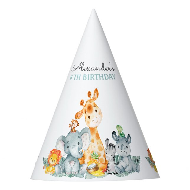 Watercolor Cute Safari Jungle Animals Birthday Party Hat (Front)