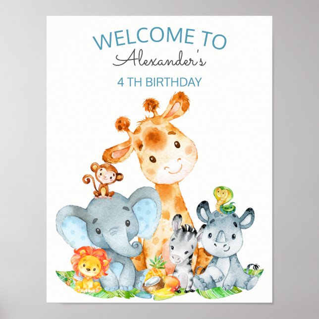 Watercolor Cute Safari Jungle Animals Birthday Poster (Front)