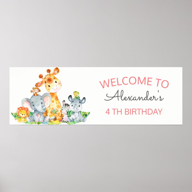 Watercolor Cute Safari Jungle Animals Birthday Poster (Front)