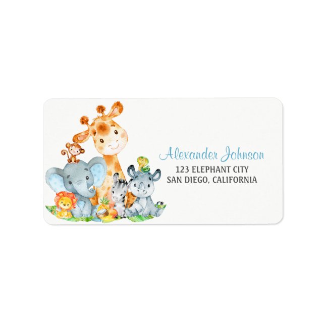 Watercolor Cute Safari Jungle Animals Boy Label (Front)