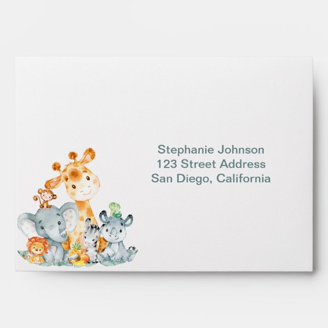 Watercolor Cute Safari Jungle Animals Envelope (Front)