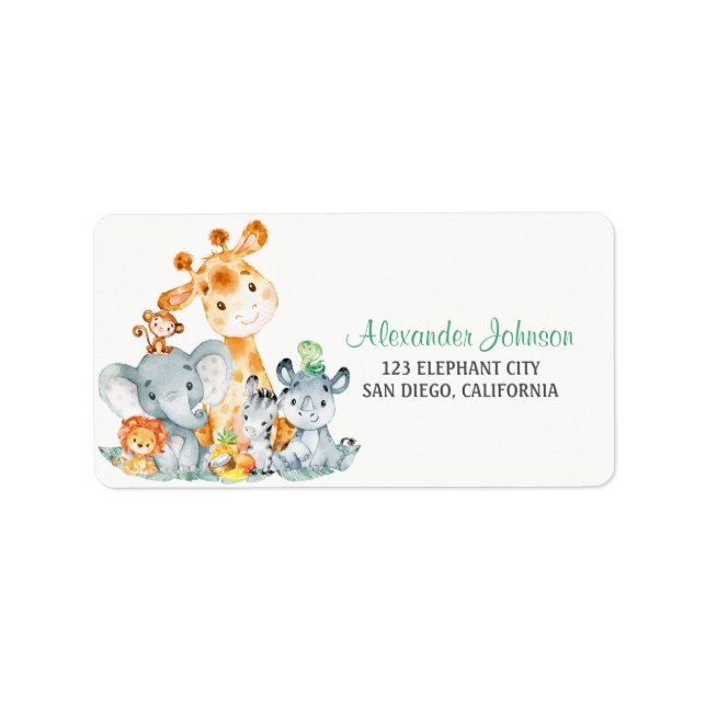 Watercolor Cute Safari Jungle Animals Label (Front)
