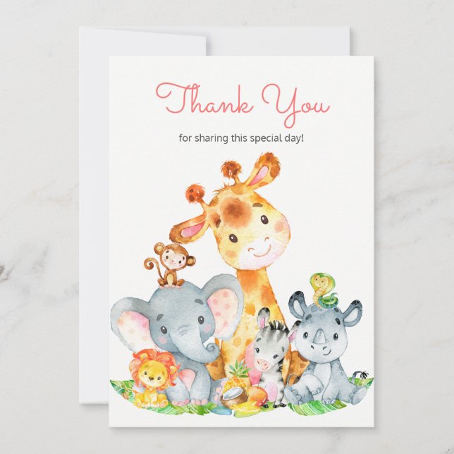 Watercolor Cute Safari Jungle Animals Thank You (Front)