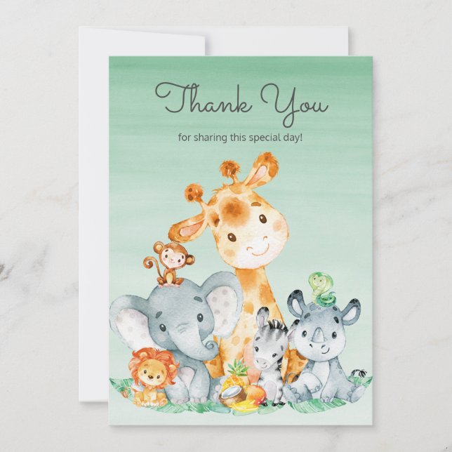 Watercolor Cute Safari Jungle Animals Thank You (Front)