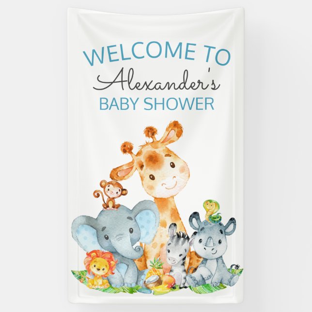 Watercolor Cute Safari Jungle Baby Shower Banner (Vertical)
