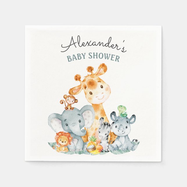 Watercolor Cute Safari Jungle Baby Shower Napkin (Front)