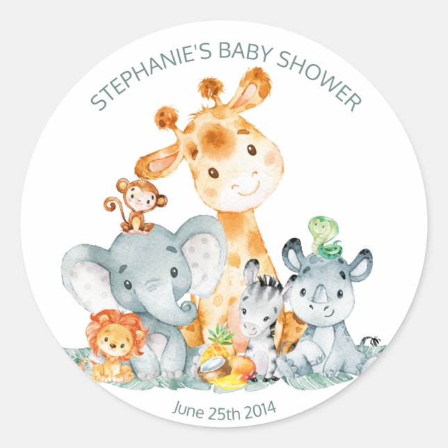 Watercolor Cute Safari Jungle Baby Shower Stickers (Front)