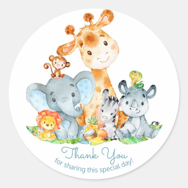 Watercolor Cute Safari Jungle Thank You Classic Round Sticker (Front)