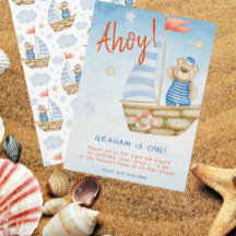 Watercolor Cute Sailboat Bear Birthday Party