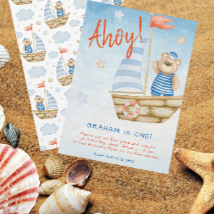 Watercolor Cute Sailboat Bear Birthday Party Invitation