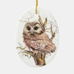 Watercolor Cute Saw Whet Owl, Bird Ceramic Tree Decoration