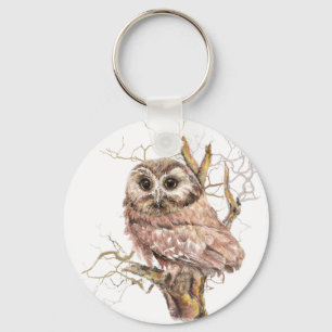 Watercolor Cute Saw Whet Owl, Bird Key Ring