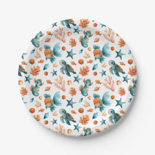 Watercolor Cute Sea Animals Festive Ocean Pattern  Paper Plate