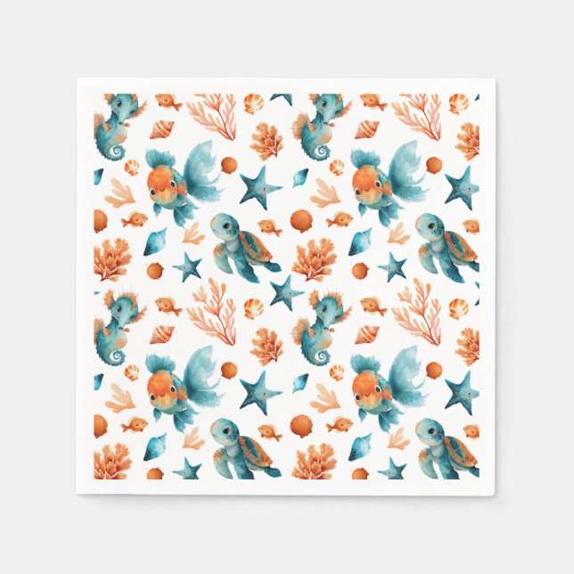 Watercolor Cute Sea Marine Animals Ocean Pattern  Napkin (Front)